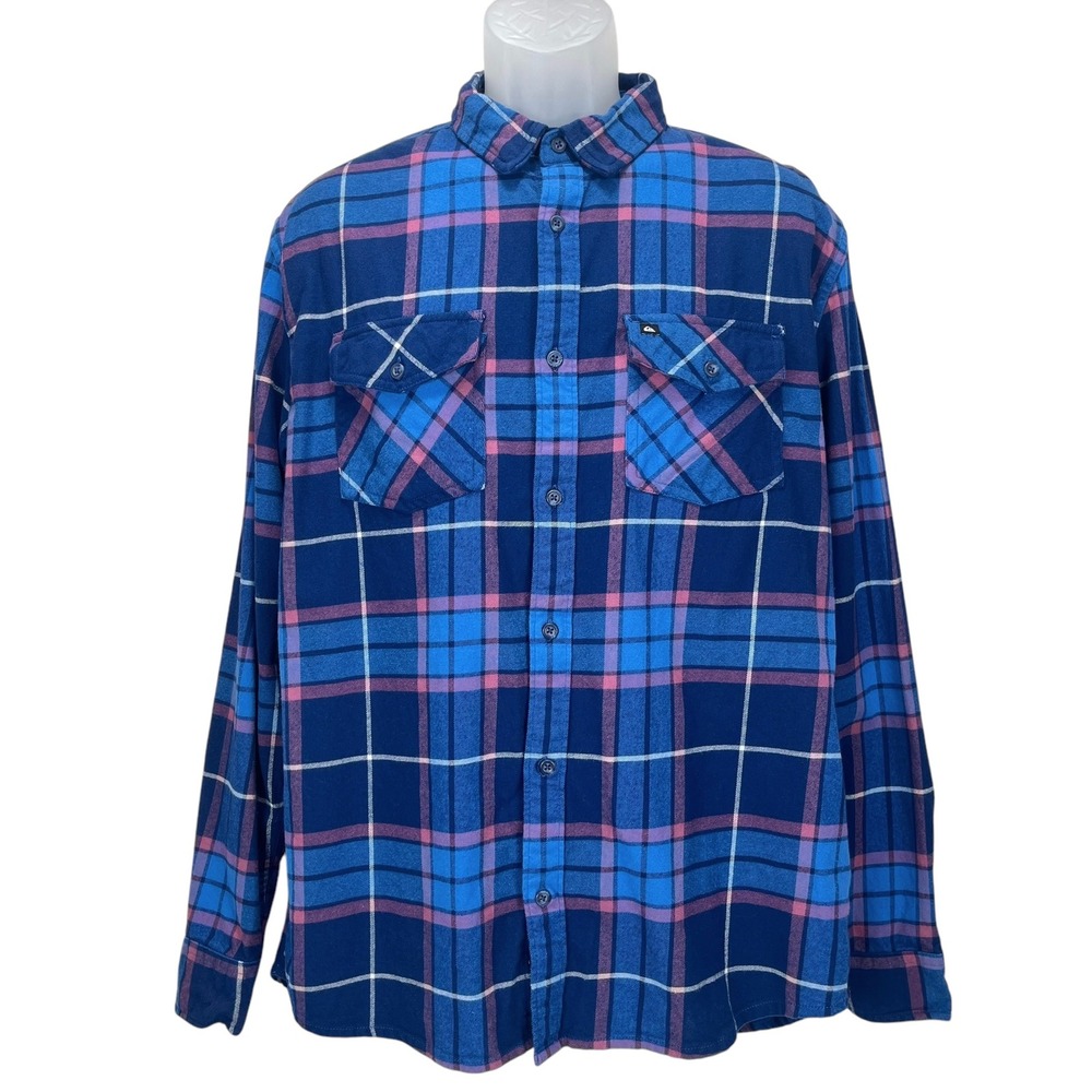Quicksilver‎ Men Large Flannel Blue Pink Plaid Long Sleeve Button-Up Regular Fit